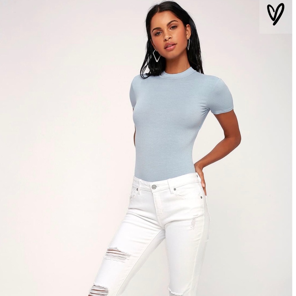 LULUS Light Blue Ribbed Mock Neck Bodysuit